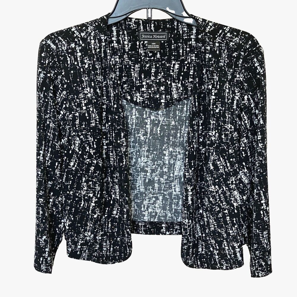 Jessica Howard Bolero Cardigan 18W Dressy Silver Sequins Cropped Blk White Party